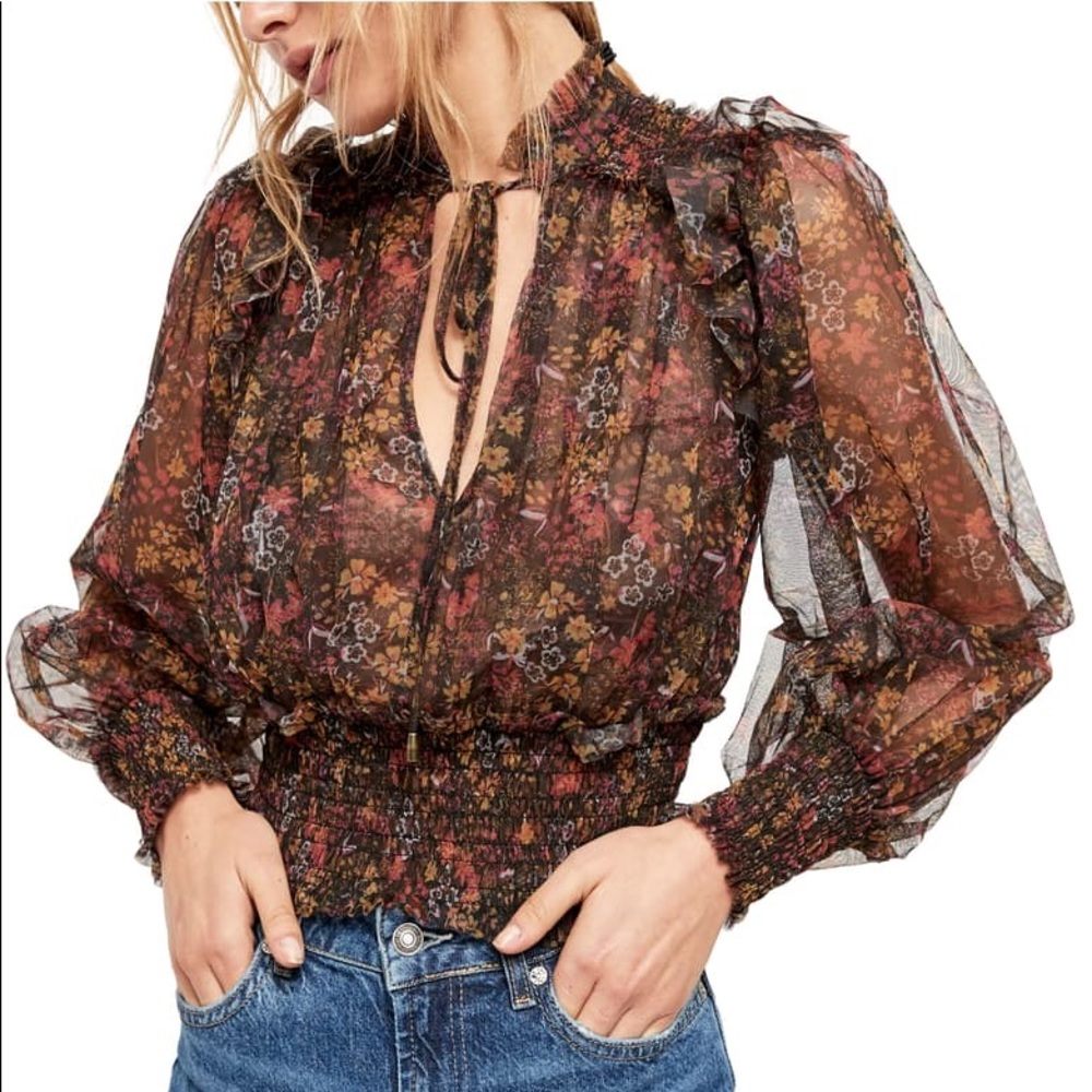Free People Twyla black floral top
